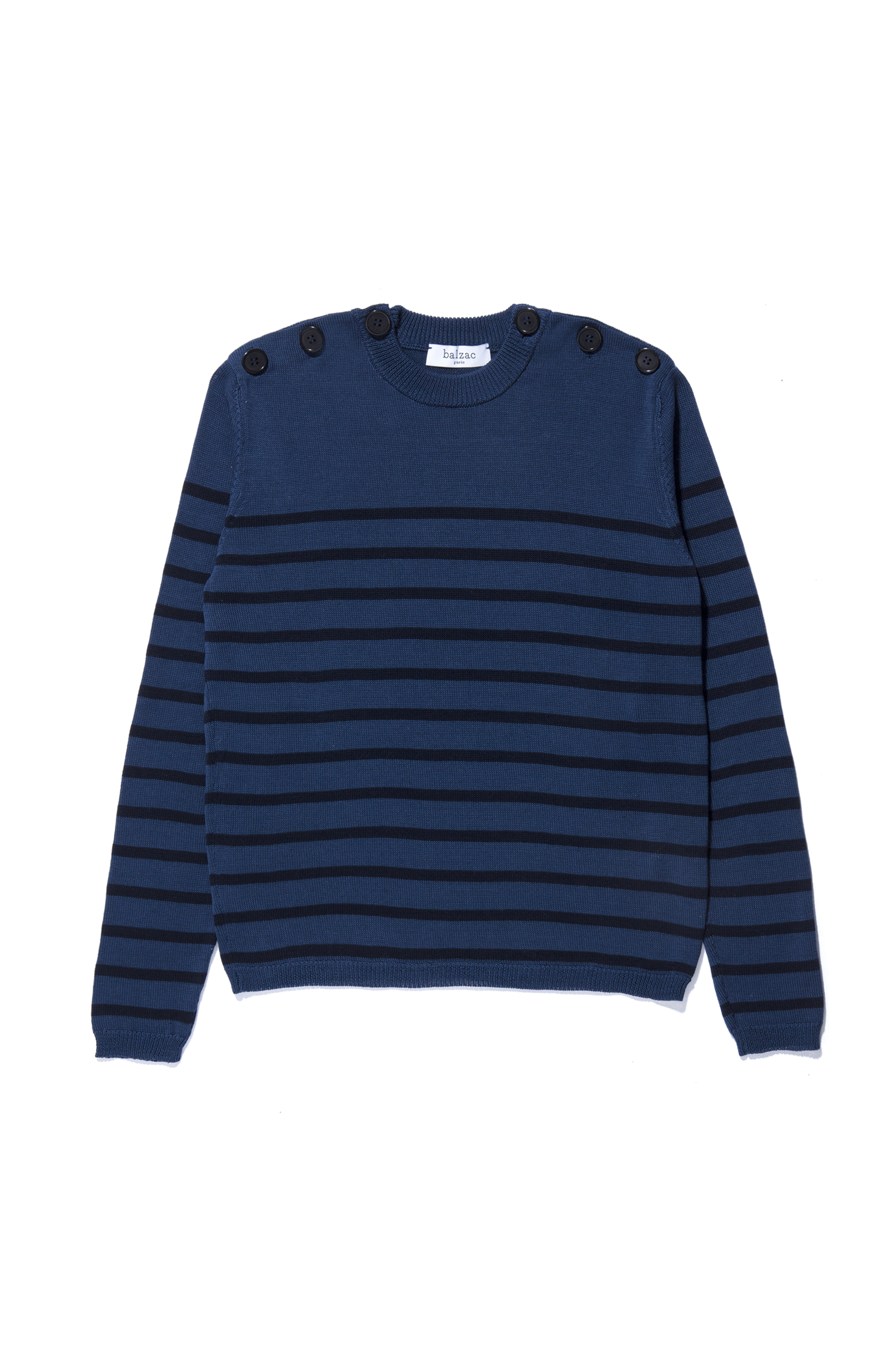balzac paris sweater, petroleum blue, sailor style, with black stripes and black buttons