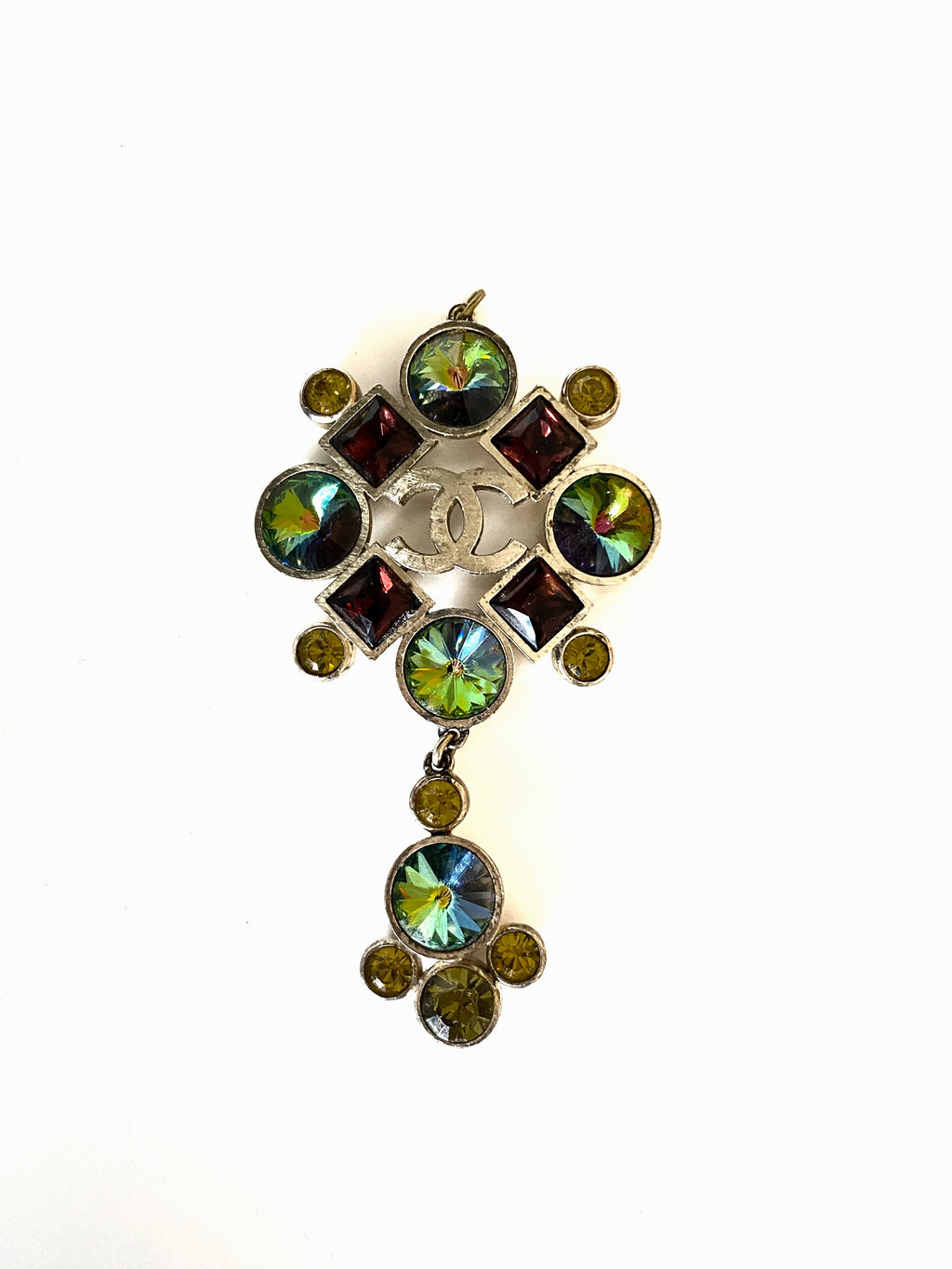 chanel pendant with CC logo, multi stones , red green and yellow stones, silver tone hardware