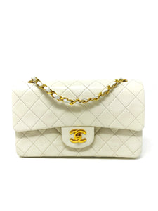 Quilted beige leather and black patent leather with gold-tone metal
