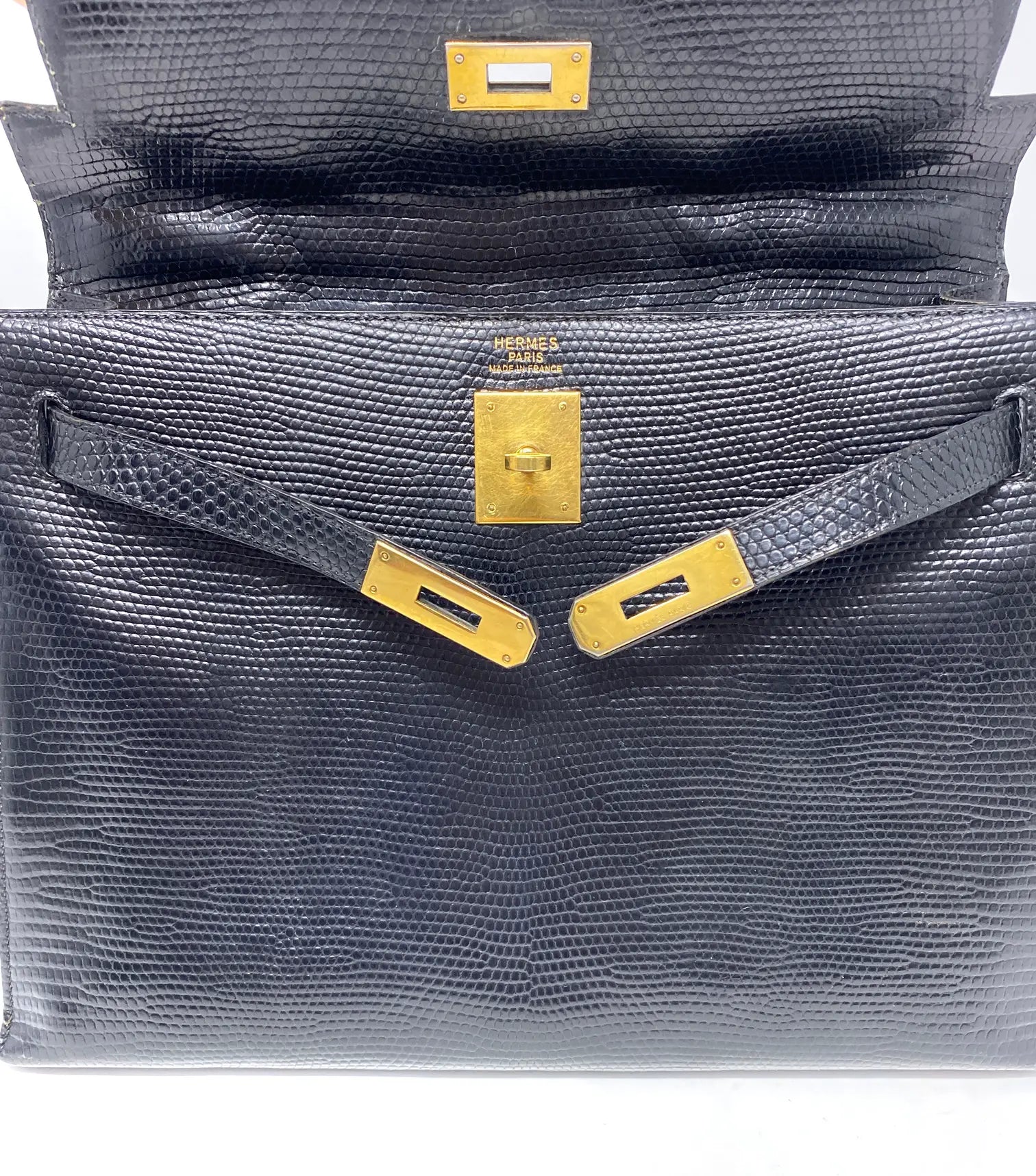 Hermes kelly lizard 32; black; vintage bag