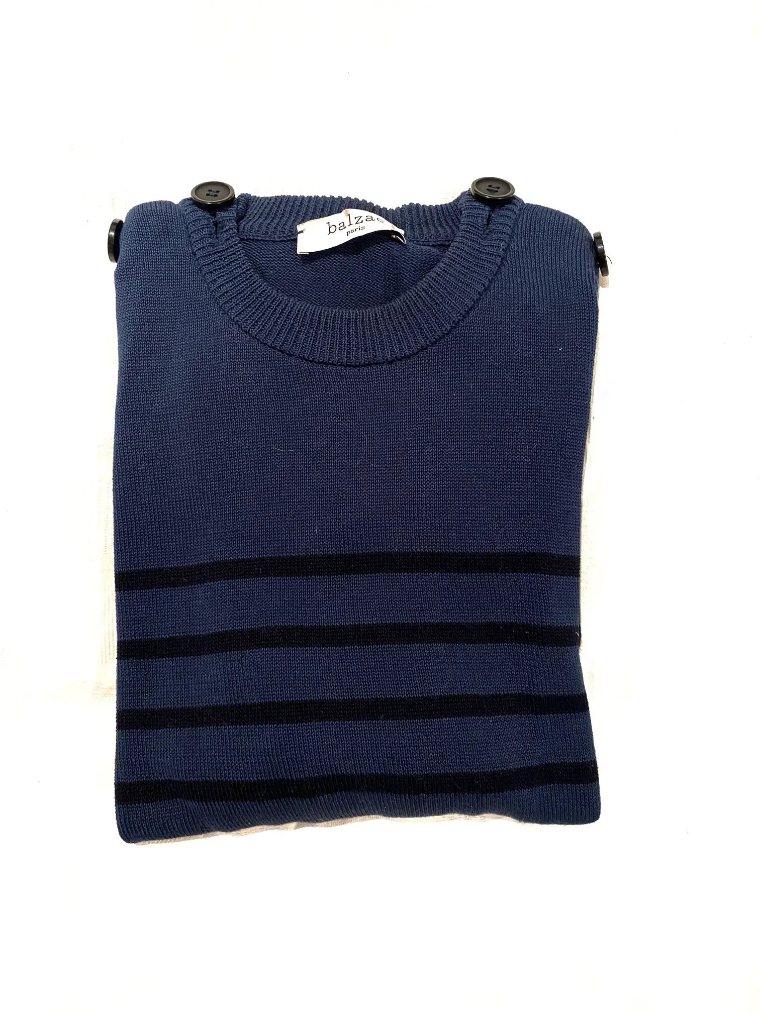 balzac paris sweater, petroleum blue, sailor style, with black stripes and black buttons