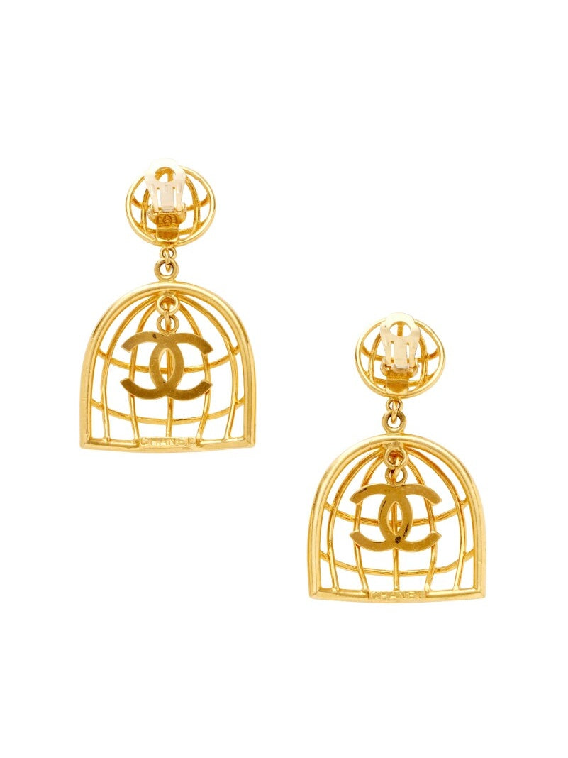 Chanel birdcage earrings 1993 (93A), gold-tone clip-on — front view