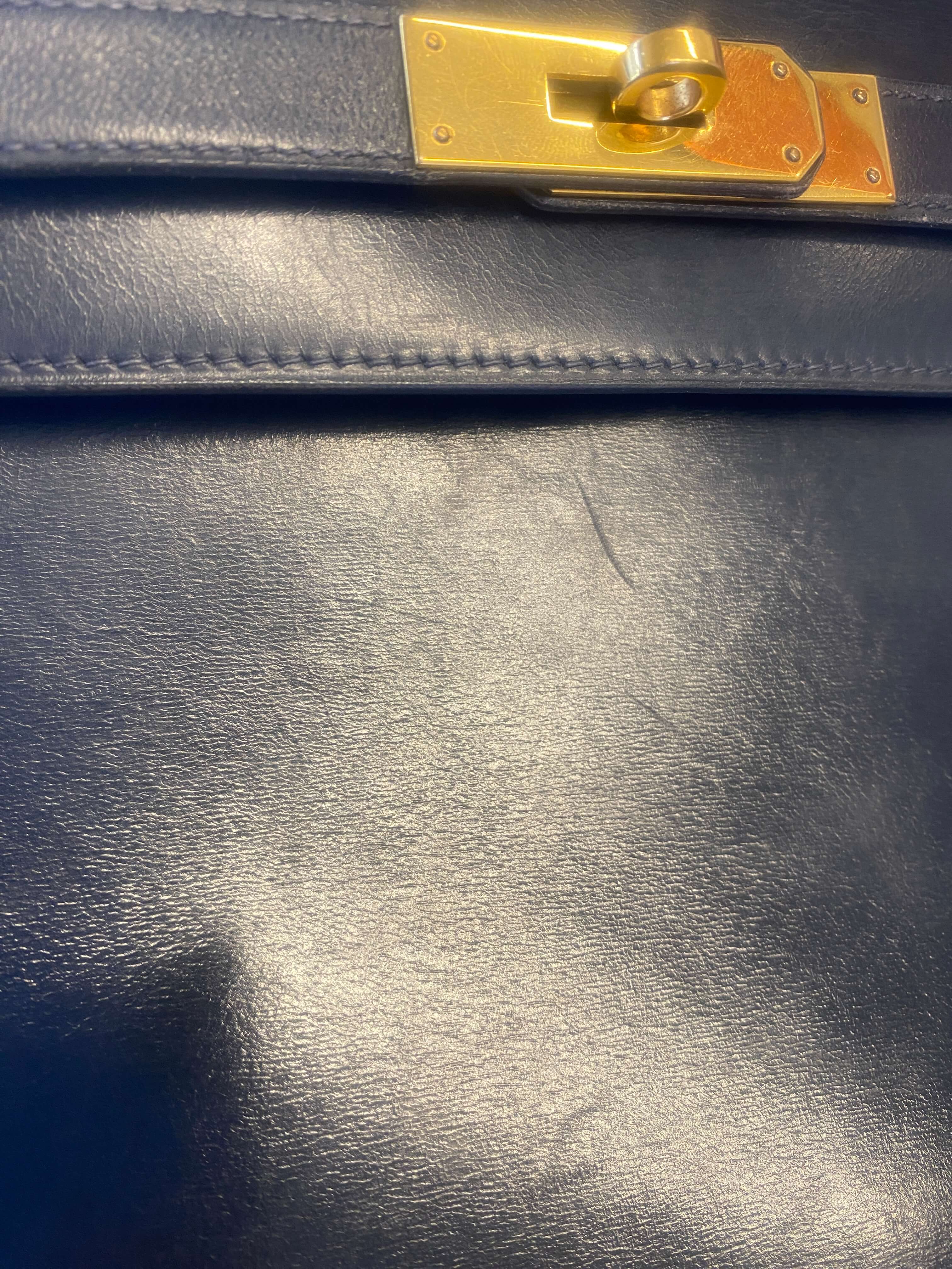 Hermes Kelly 28 blue leather patina