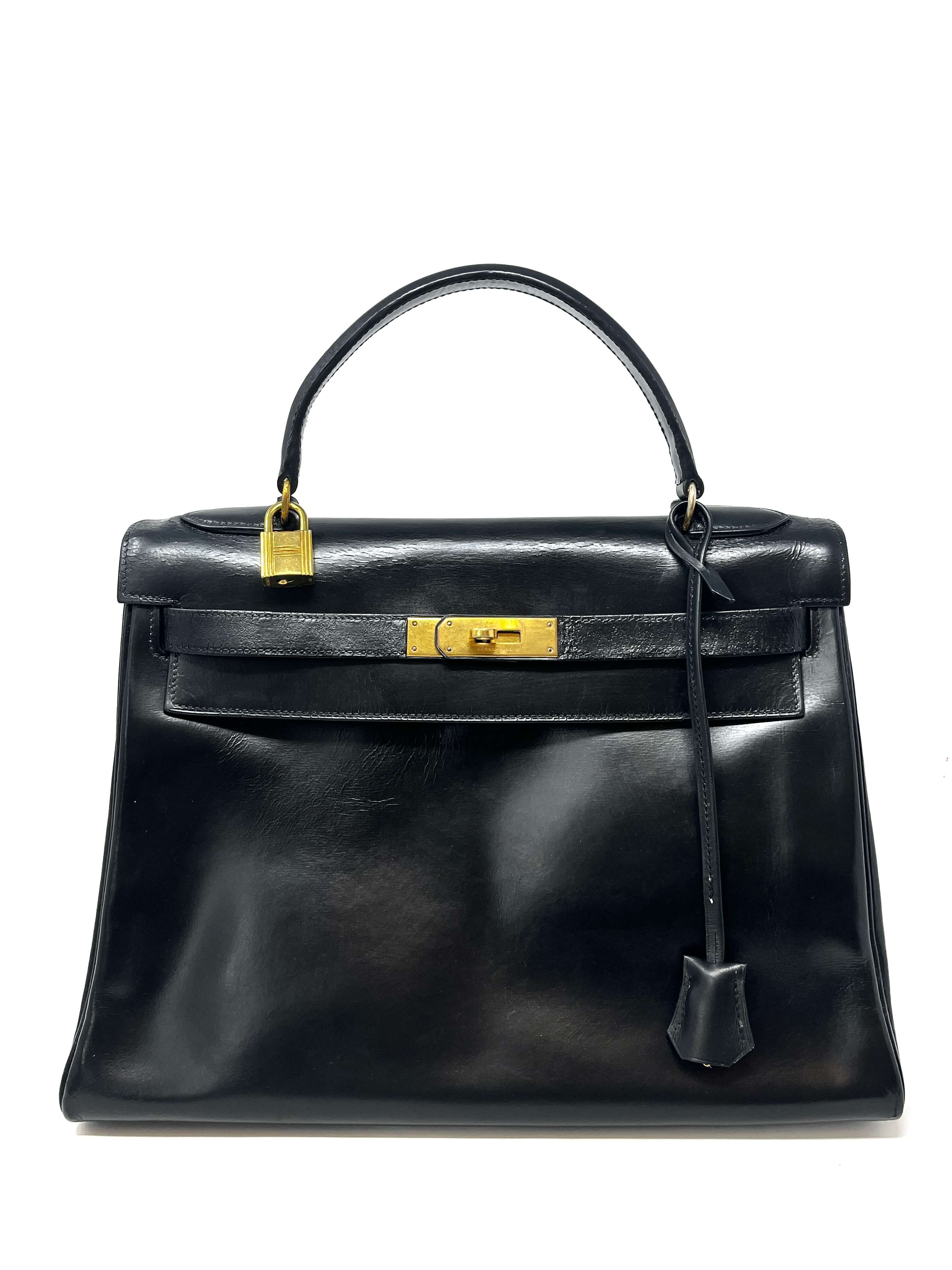 Hermes Kelly 32 Black Box Retourne with Gold Hardware Vintage