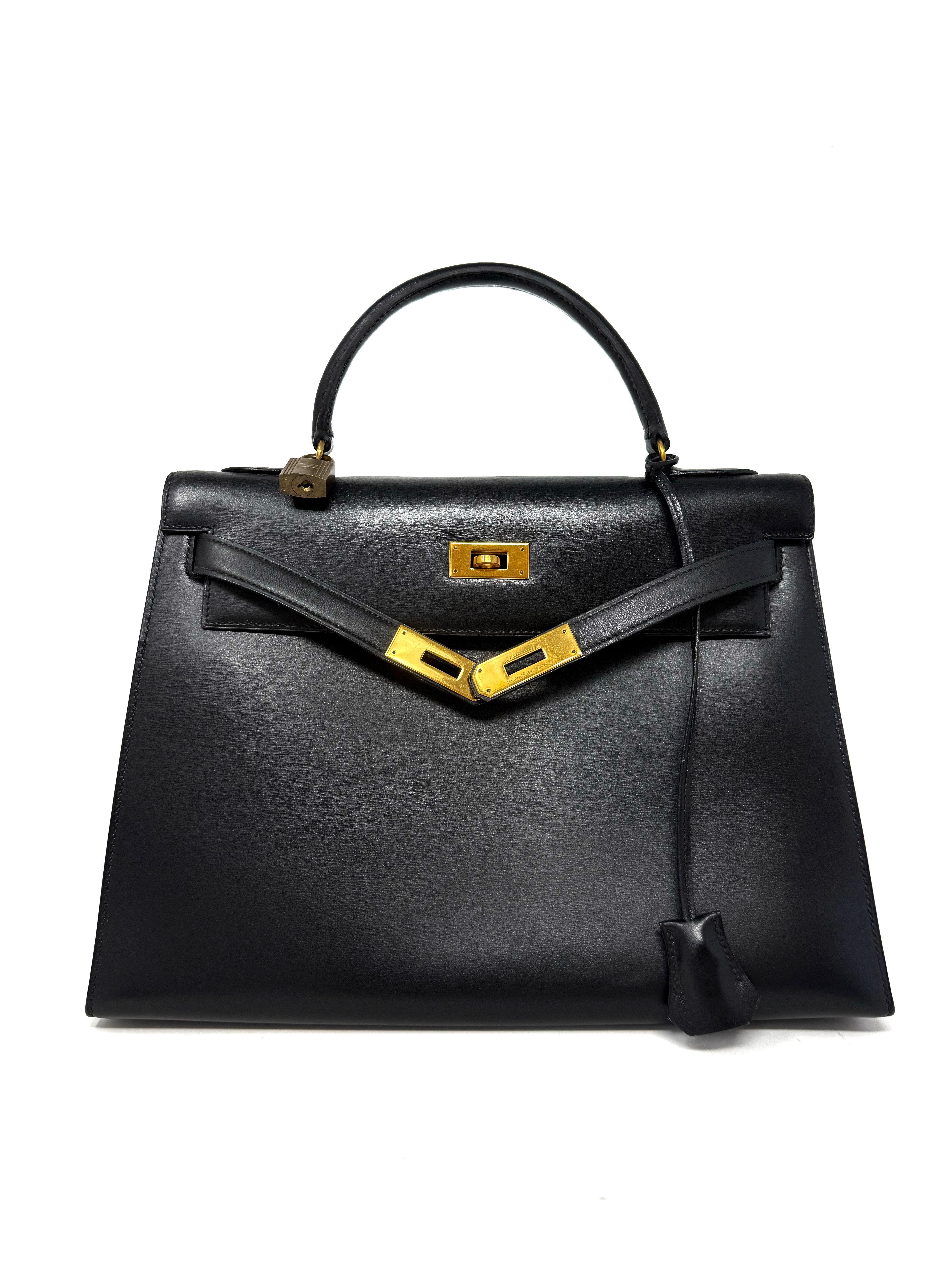 Hermes Kelly 32 Black Box Sellier with gold hardware (1985)