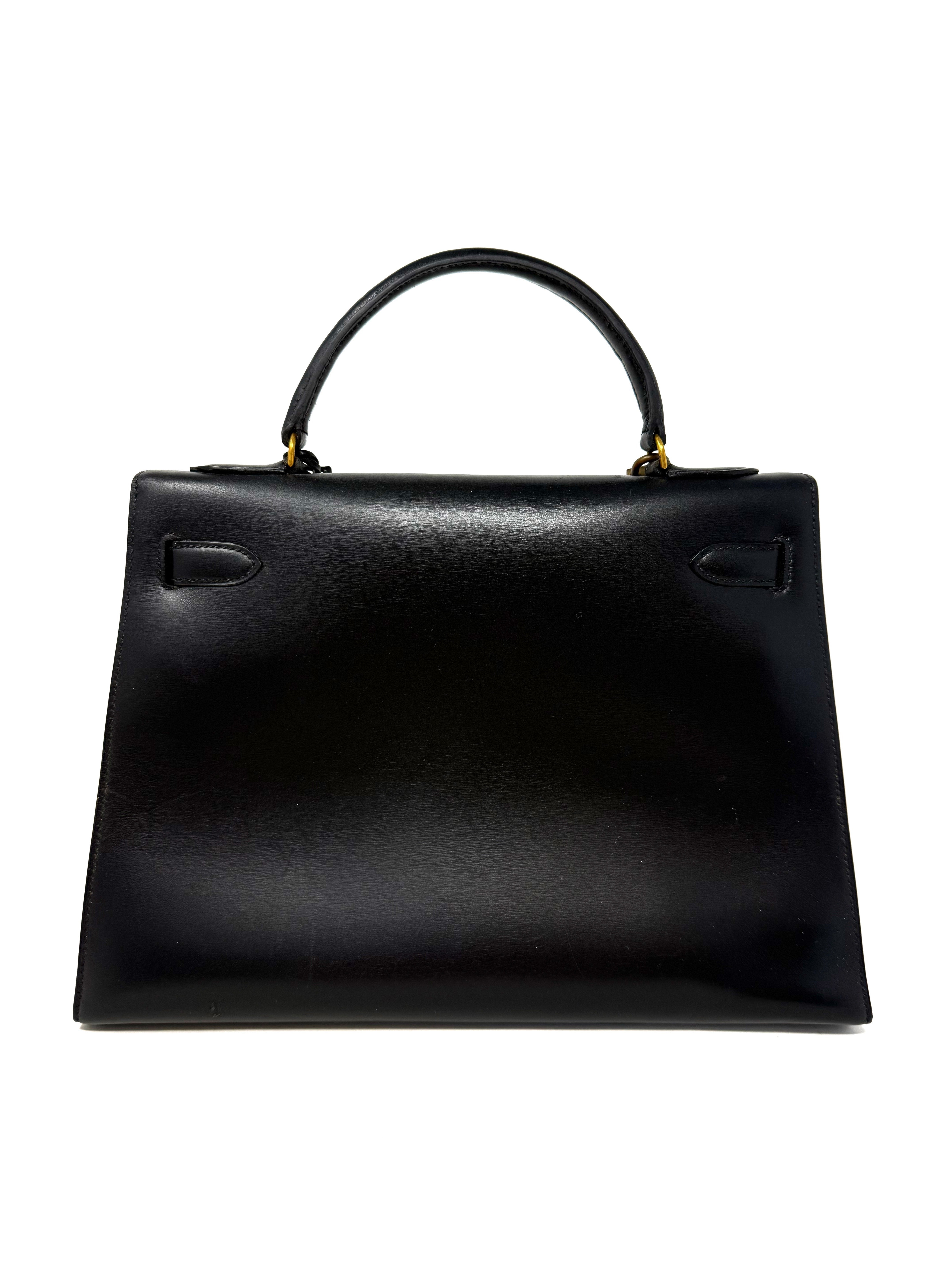 Back view of Hermes Kelly 32 Black Box Sellier in black Box Calf