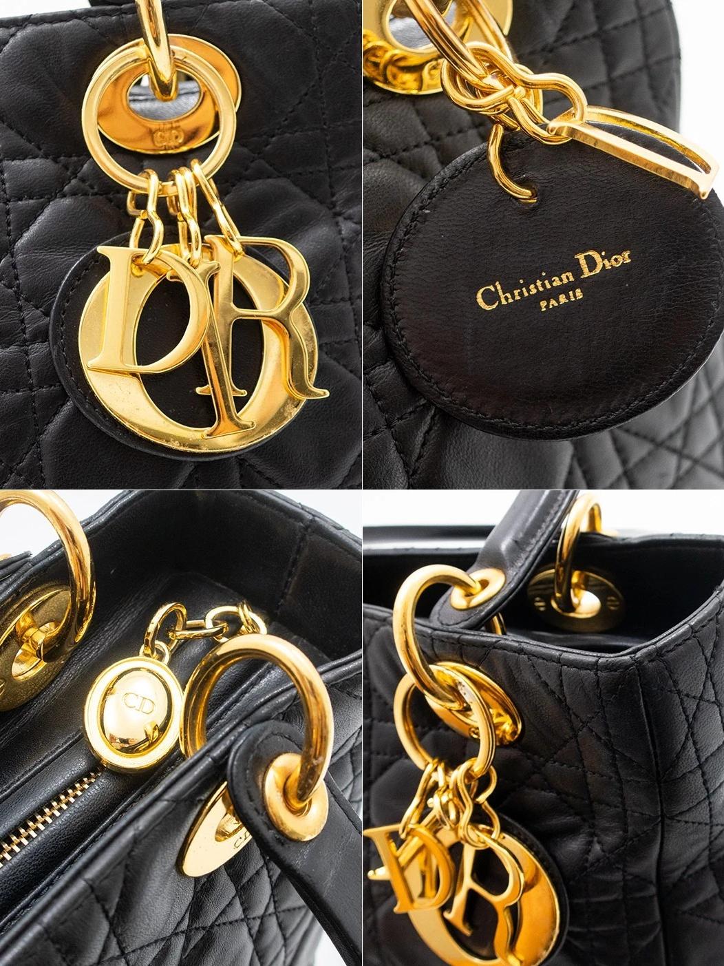 Gold D.I.O.R. charms on Lady Dior black leather bag