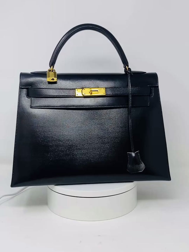 Vintage Hermes Kelly 32 Sellier black Box bag video