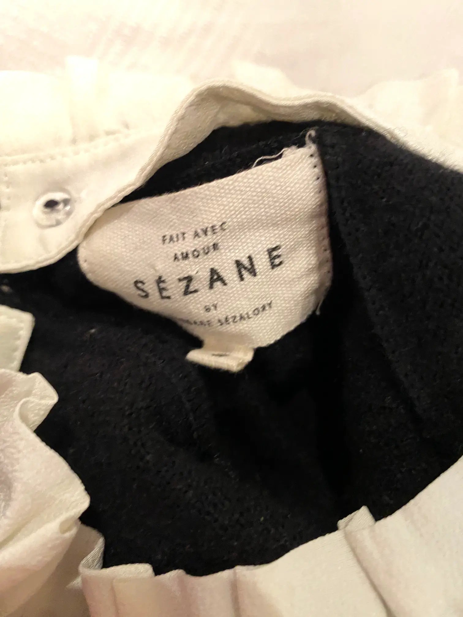 sezane black jumper, wool and cashmere, with white silk collar, teardrop fastening