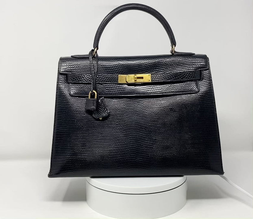 Hermes kelly lizard 32; black; vintage bag