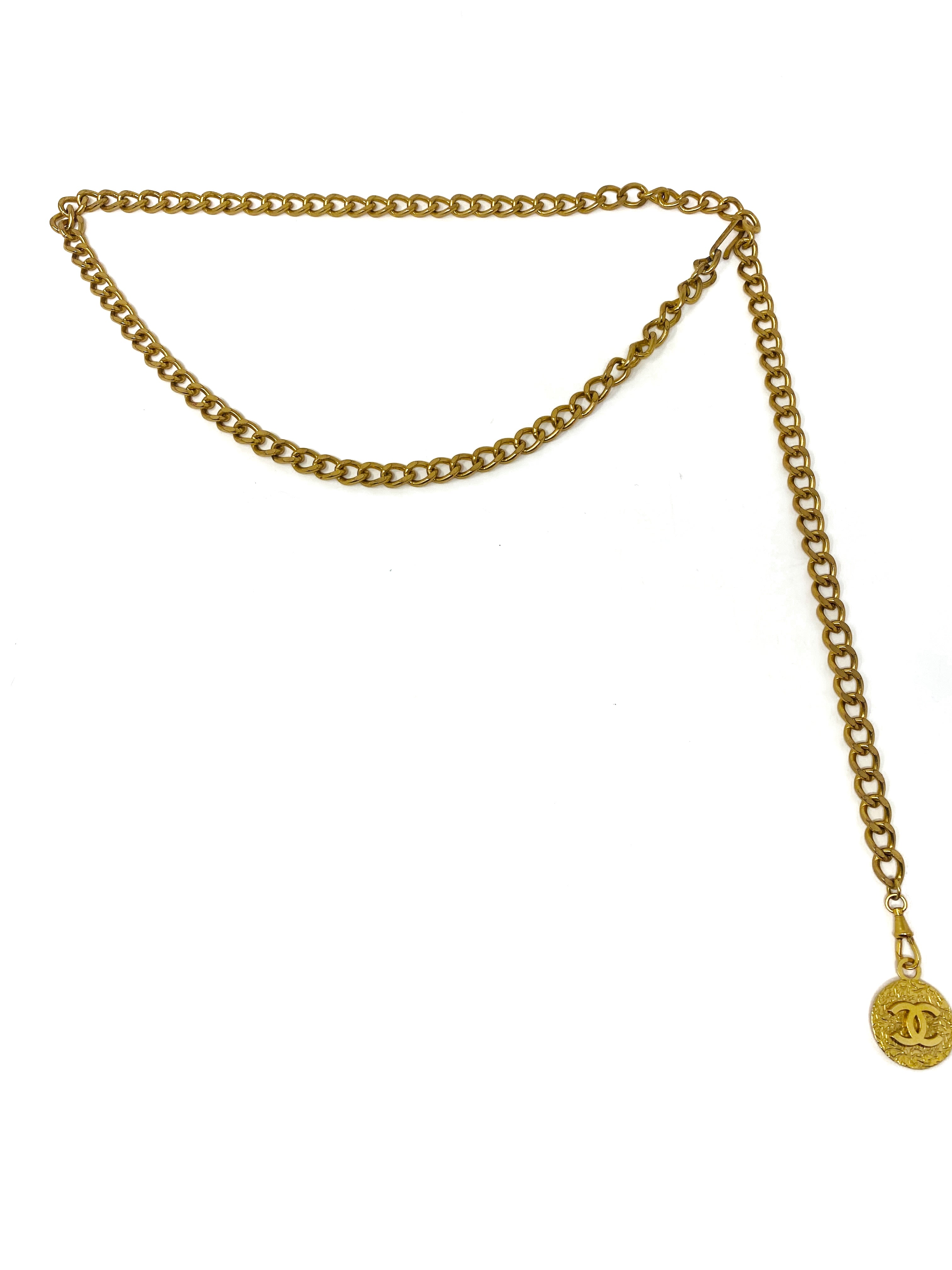 CHANEL Vintage Button Logo Charm Gold Chain Belt  Dearluxe