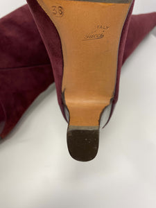 Gucci boots, burgundy suede, knee-high with Gucci logo, size 38.