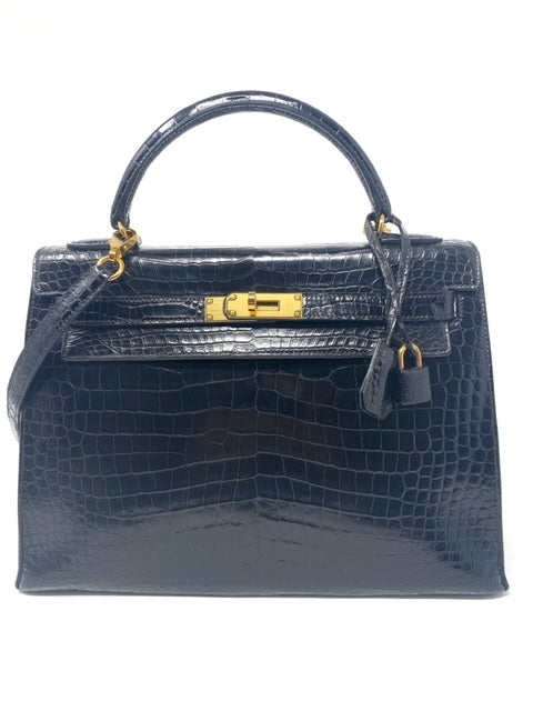 Hermes Kelly 32 黑色鳄鱼皮包