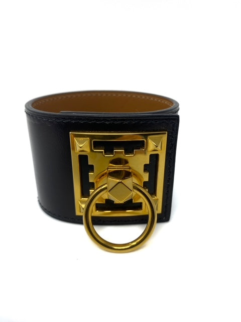 Hermes Hapi 3 Black Leather Gold Plated Wrap Bracelet M Hermes | TLC