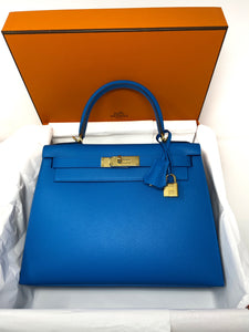 Hermes Kelly Casaque bag 28 Sellier Blue indigo/Black/Blue frida