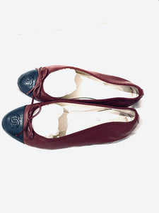 chanel ballet flats, burgundy and black leather, with CC logo and ribbon.