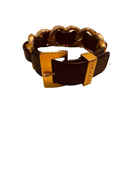 chanel black leather and gold chain bracelet; buckle; 