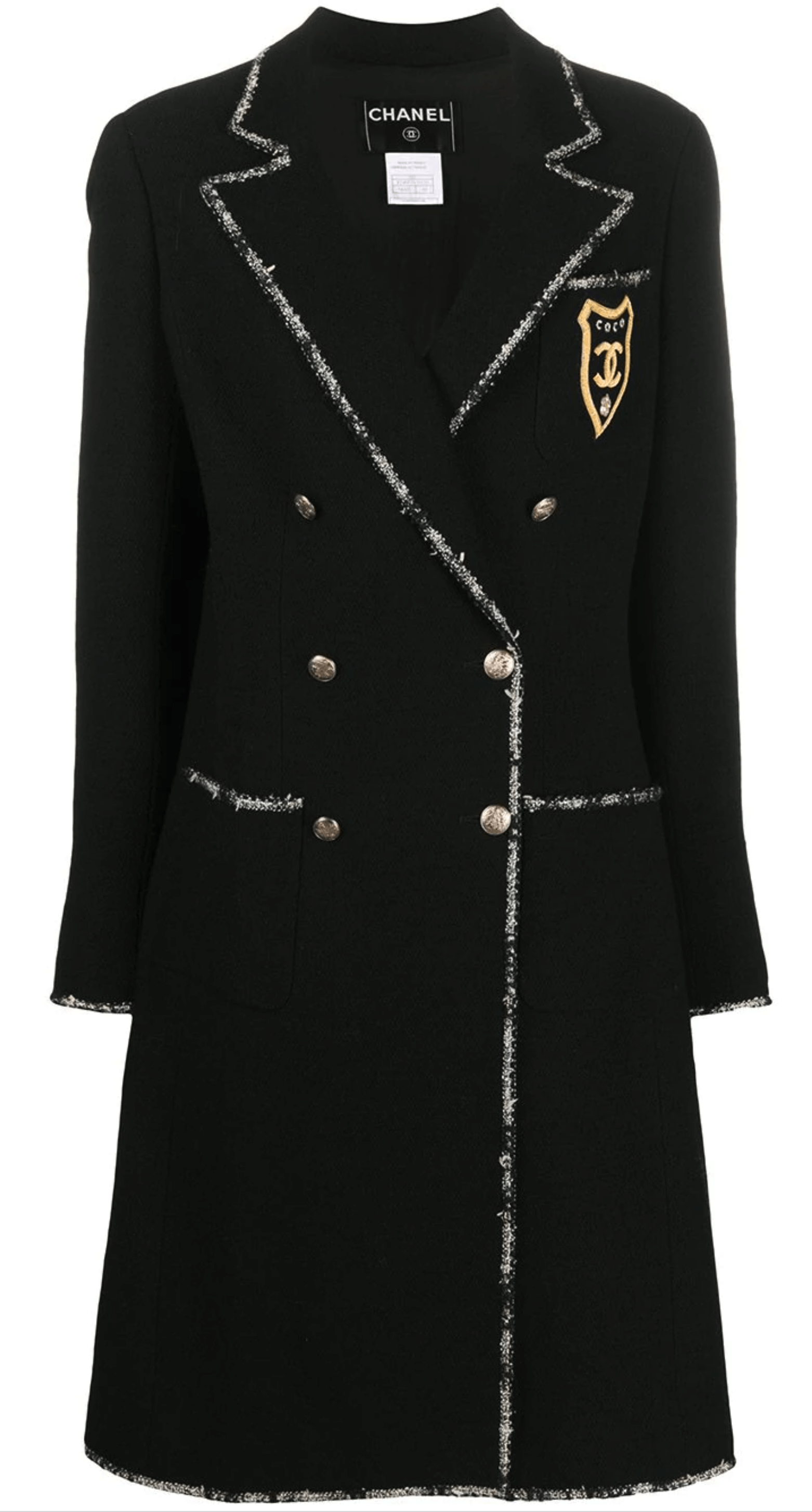 chanel coat, with badge, CC logo in black wool. 