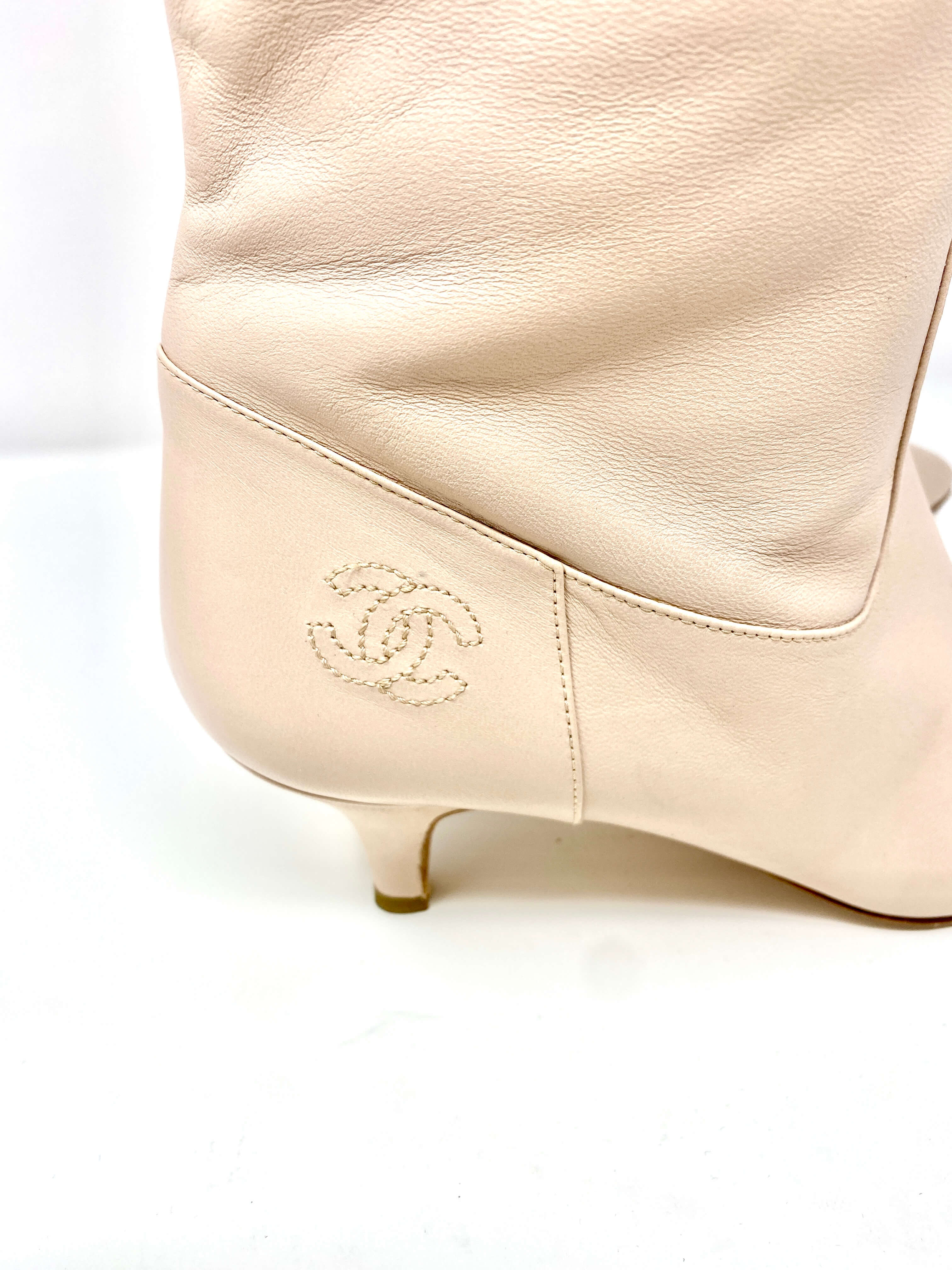 chanel high boots, beige leather, CC logo, knee-high.