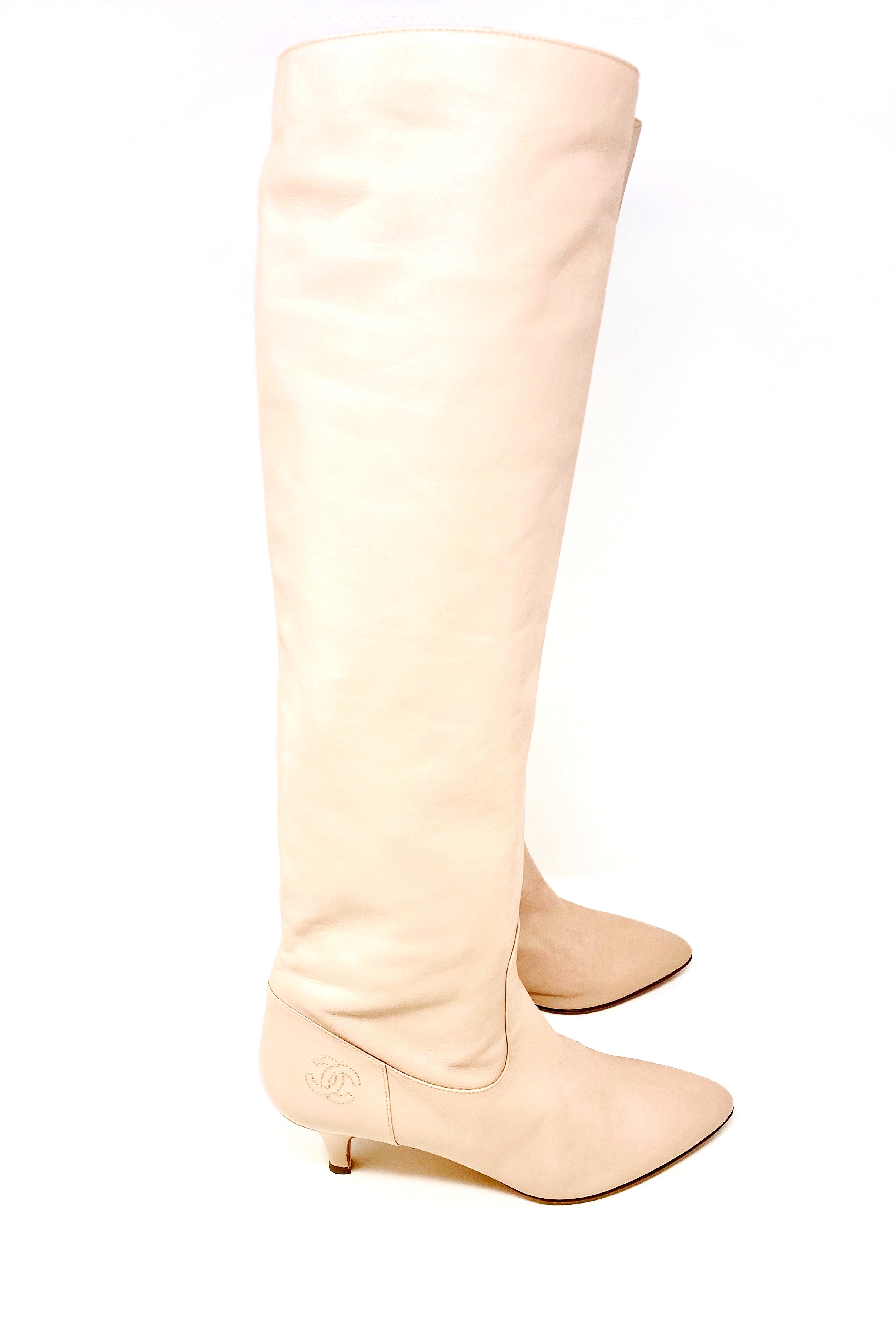 chanel high boots, beige leather, CC logo, knee-high.