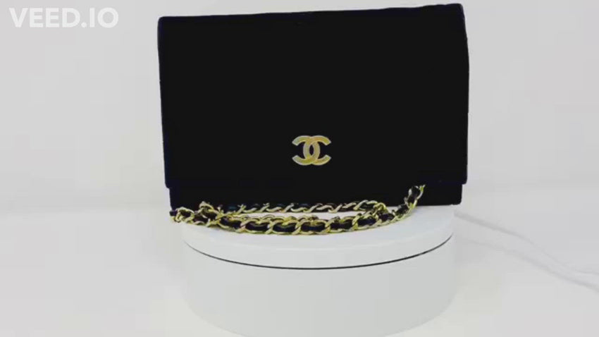 chanel black velvet bag with CC logo and chain