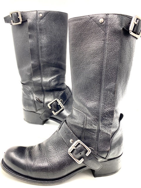  dior biker boots, black leather, mid-calf, with buckle, size 39.5