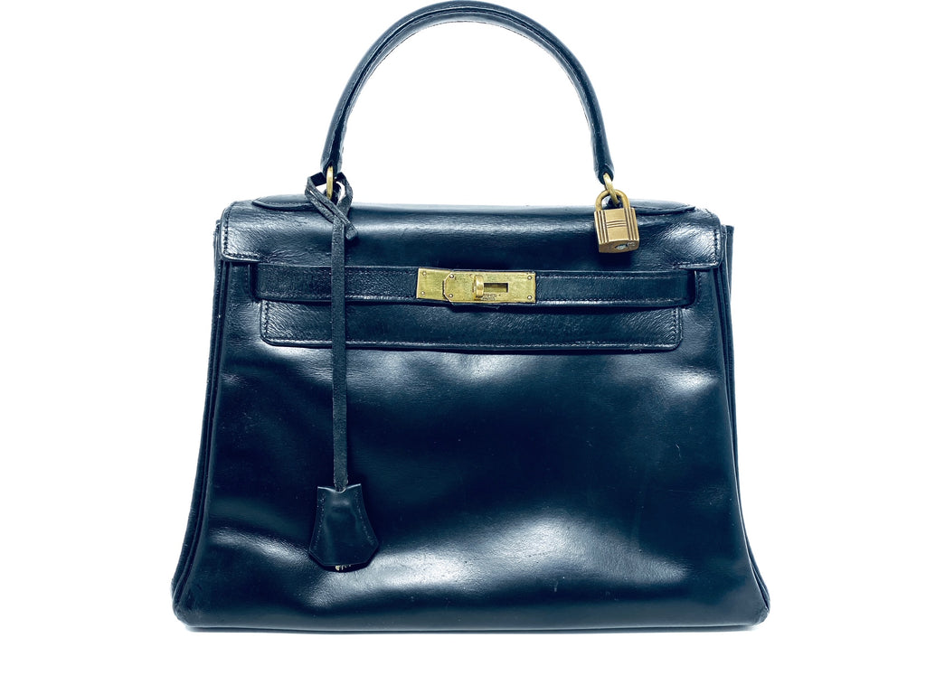hermes kelly bag 28 cm; black box leather; vintage