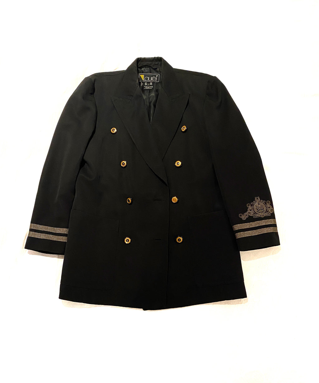 Laurel Escada jacket, vintage, black with gold buttons, military style