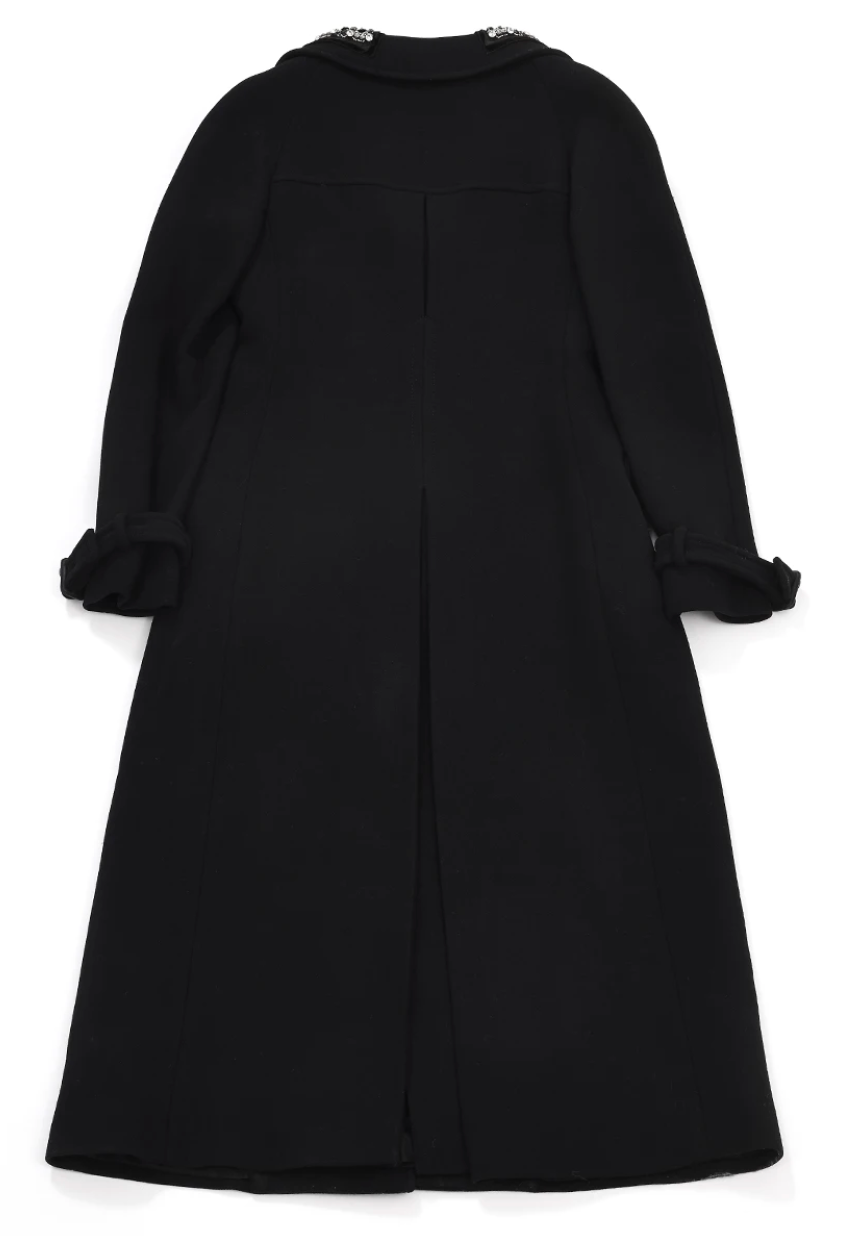 prada black coat, wool with jewellery, size 38.