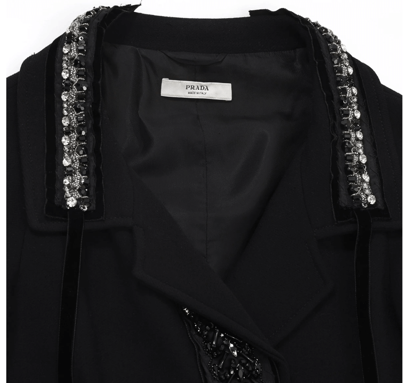 prada black coat, wool with jewellery, size 38.