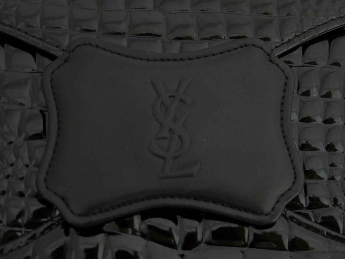 ysl clutch, black patent, embossed, with YSL logo, envelope style. 